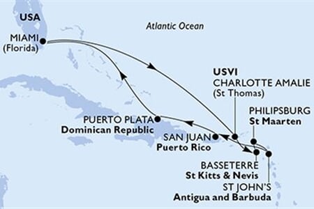 MSC Divina - USA, Panenské o. (americké), Sv.Kryštof a Nevis, Nizozemské Antily, Antigua a Barbuda, ... (z Miami)
