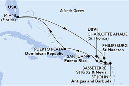 MSC Divina - USA, Nizozemské Antily, Panenské o. (americké), Sv.Kryštof a Nevis, Antigua a Barbuda, ... (z Miami)