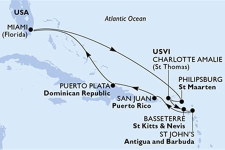 MSC DIVINA - USA, Nizozemské Antily, Panenské o. (americké), Sv.Kryštof a Nevis, Antigua a Barbuda, ... (z Miami)