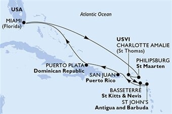 MSC Divina - USA, Nizozemské Antily, Panenské o. (americké), Sv.Kryštof a Nevis, Antigua a Barbuda, ... (z Miami)