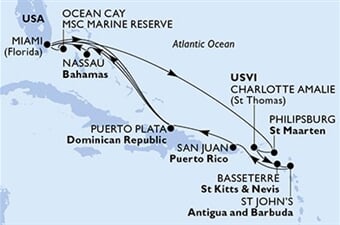 MSC Divina - USA, Nizozemské Antily, Panenské o. (americké), Sv.Kryštof a Nevis, Antigua a Barbuda, ... (z Miami)