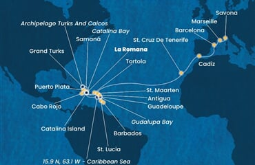 Costa Fascinosa - Dominikán.rep., Turks a Caicos, Nizozemské Antily, Panenské o. (britské), Španělsko, ... (z La Romana)