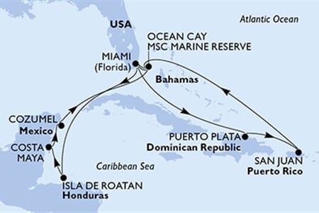 MSC WORLD AMERICA - Amerikai Egyesült Államok, Dominikai Köztársaság, Puerto Rico, Bahamaszigetek, Honduras, ... (a Miami-ből)