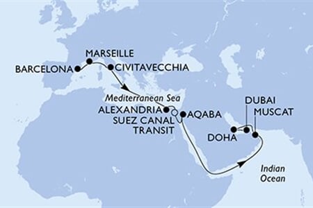 MSC EURIBIA - Spanyolország, Franciaország, Olaszország, Egyiptom, Jordánia, ... (a Barcelona-ből)