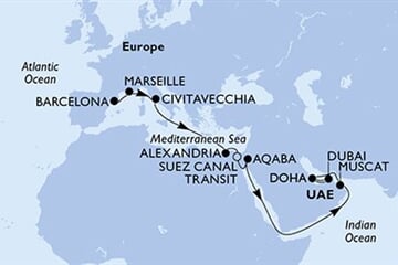 MSC EURIBIA - Spanyolország, Franciaország, Olaszország, Egyiptom, Jordánia, ... (a Barcelona-ből)