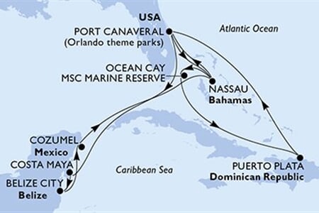 MSC GRANDIOSA - Amerikai Egyesült Államok, Mexikó, Belize, Bahamaszigetek, Dominikai Köztársaság (a Port Canaveral-ből)