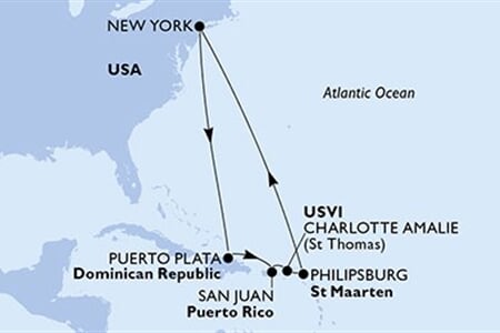 MSC MERAVIGLIA - Amerikai Egyesült Államok, Dominikai Köztársaság, Puerto Rico, Amerikai Egyesült Államok, Holland Antillák (a New York-ből)