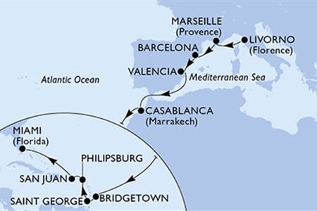 MSC SEASIDE - Olaszország, Franciaország, Spanyolország, Marokkó, Barbados, ... (a Livorno-ből)