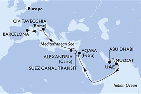 MSC EURIBIA - Arabské emiráty, Omán, Jordánsko, Egypt, Itálie, ... (z Abú Dhabí)