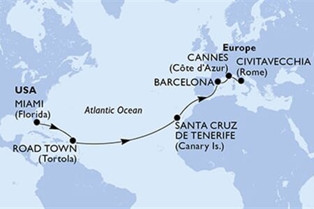 MSC DIVINA - Amerikai Egyesült Államok, Brit Virgin-szigetek, Spanyolország, Franciaország, Olaszország (a Miami-ből)