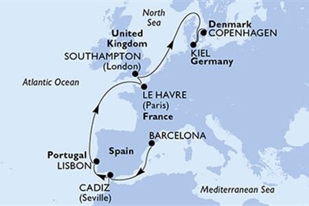 MSC EURIBIA - Spanyolország, Portúgalia, Franciaország, Nagy-Britannia, Németország, ... (a Barcelona-ből)