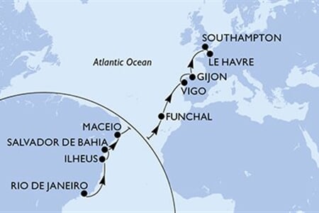 MSC PREZIOSA - Brazília, Portúgalia, Spanyolország, Nagy-Britannia, Franciaország (a Rio de Janeiro-ből)