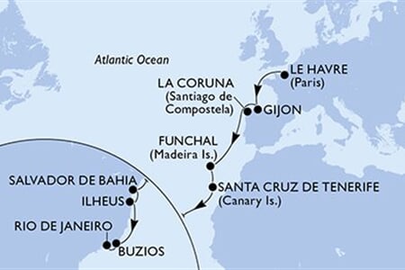 MSC PREZIOSA - Franciaország, Spanyolország, Portúgalia, Brazília (a Le Havre-ből)