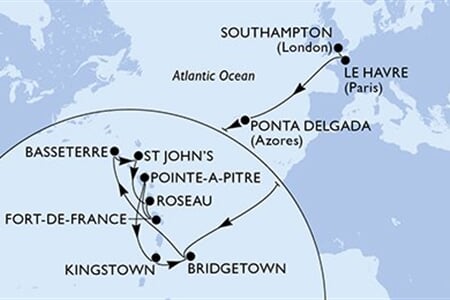 MSC VIRTUOSA - Velká Británie, Francie, Portugalsko, Barbados, Sv.Kryštof a Nevis, ... (ze Southamptonu)