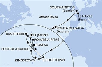 MSC Virtuosa - Velká Británie, Francie, Portugalsko, Barbados, Sv.Kryštof a Nevis, ... (ze Southamptonu)