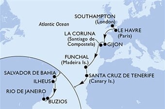 MSC Preziosa - Velká Británie, Francie, Španělsko, Portugalsko, Brazílie (ze Southamptonu)
