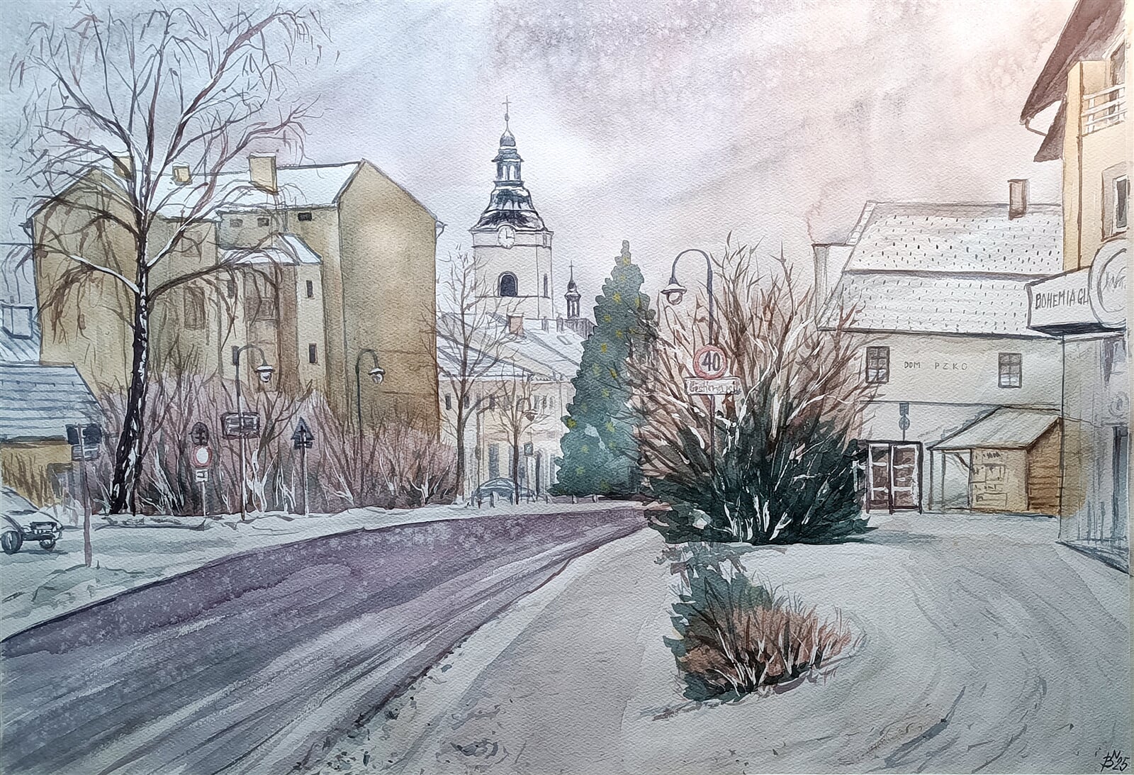 Blažena Niemcová: Jablunkov, zima, 50 × 70 cm