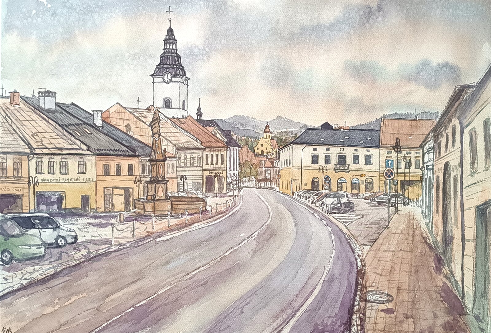 Blažena Niemcová : Jablunkov, Mariánské náměstí, 50 × 70 cm