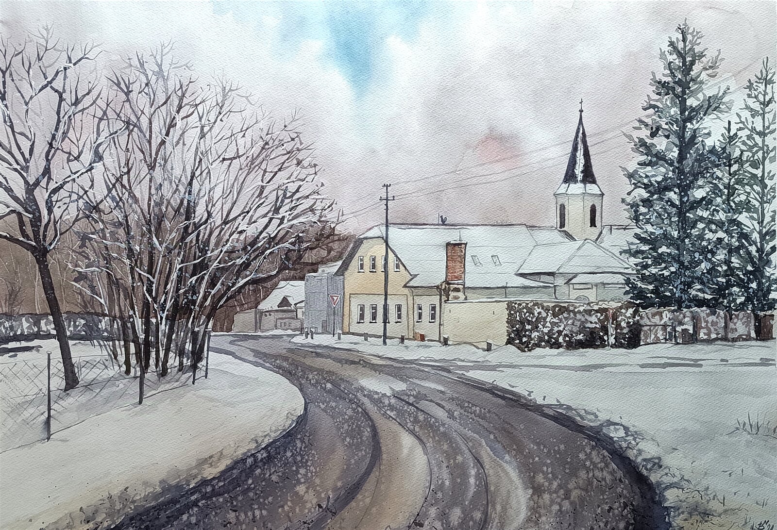 Blažena Niemcová : Evangelický kostel v Oldřichovicích, 50 × 70 cm