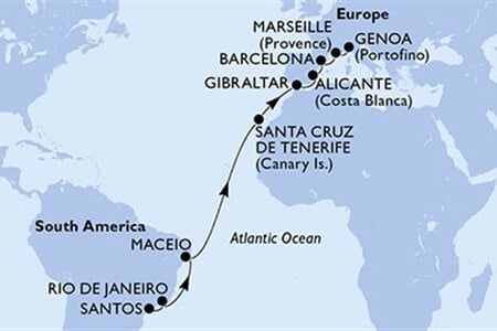 MSC SEAVIEW - Brazílie, Španělsko, Gibraltar, Francie, Itálie (Santos)