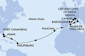 MSC GRANDIOSA - Amerikai Egyesült Államok, Holland Antillák, Portúgalia, Spanyolország, Franciaország, ... (a Port Canaveral-ből)