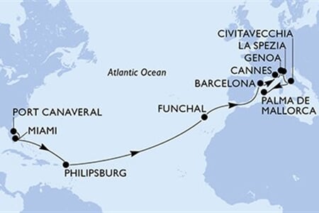 MSC GRANDIOSA - Amerikai Egyesült Államok, Holland Antillák, Portúgalia, Spanyolország, Franciaország, ... (a Port Canaveral-ből)