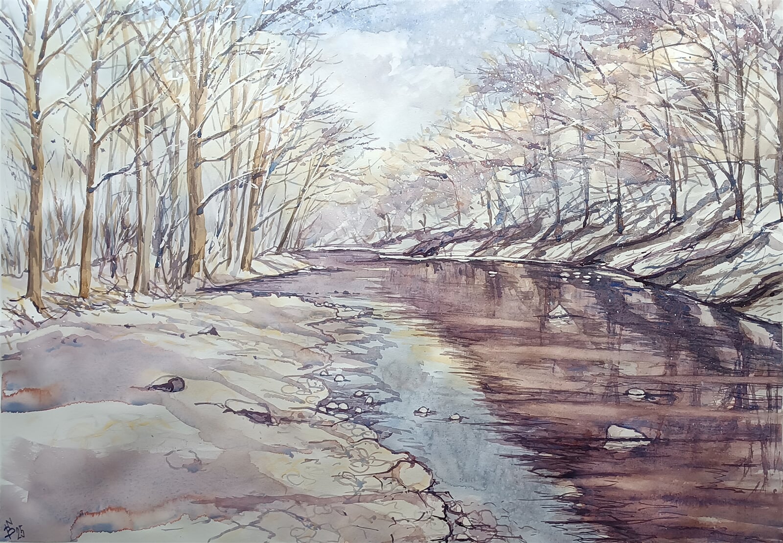 Blažena Niemcová: Zimní Olza, 50 × 70 cm
