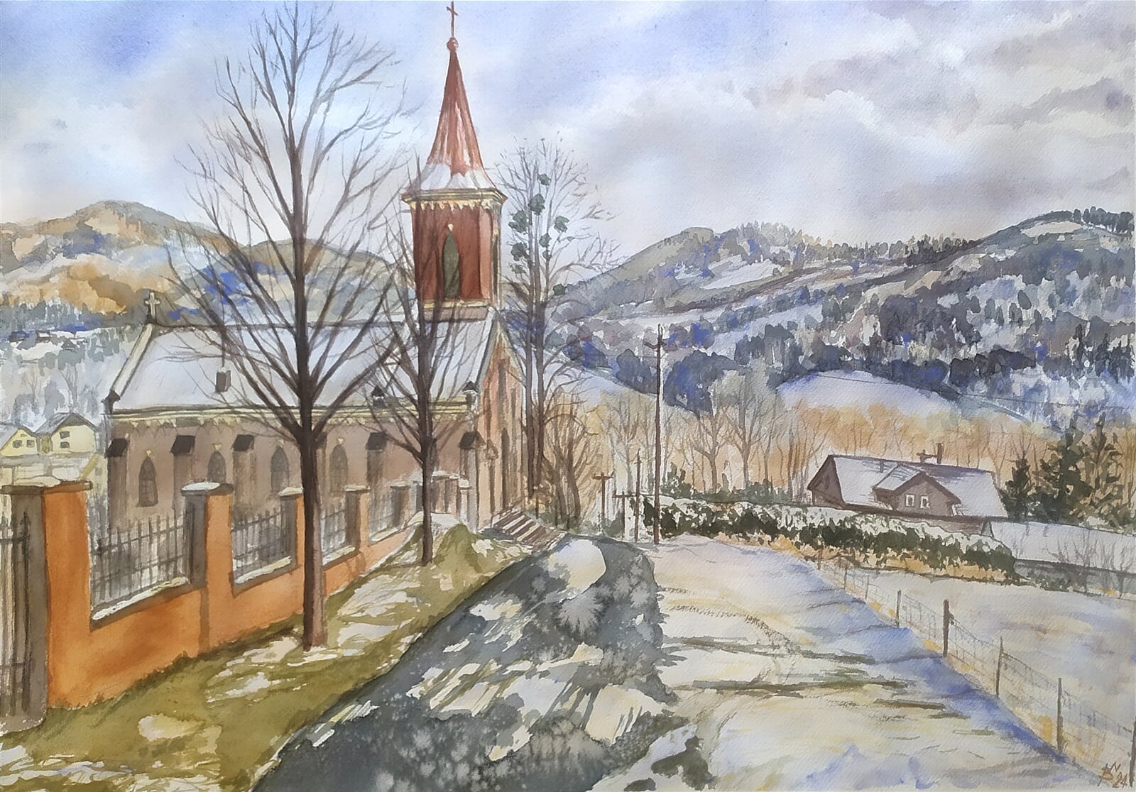 Blažena Niemcová: Kaple v Nýdku, zima, 50 × 70 cm