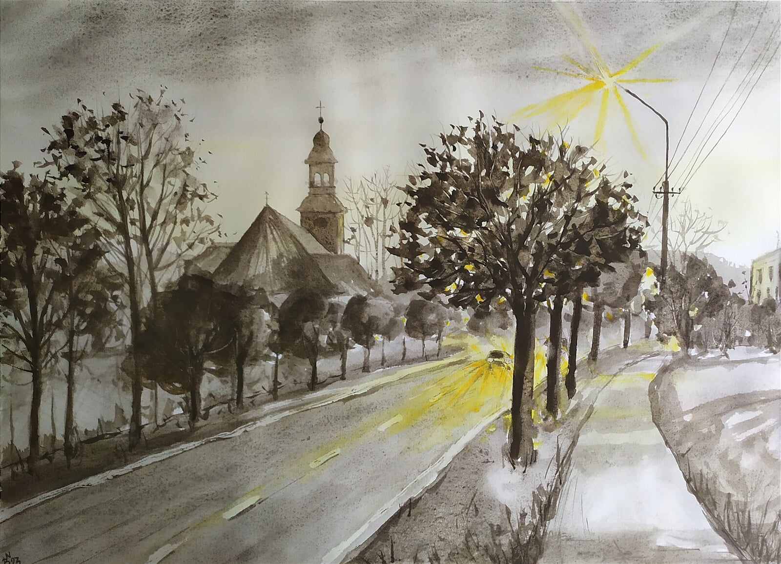 Blažena Niemcová: Bystřický kostel, večer, 40 × 50 cm