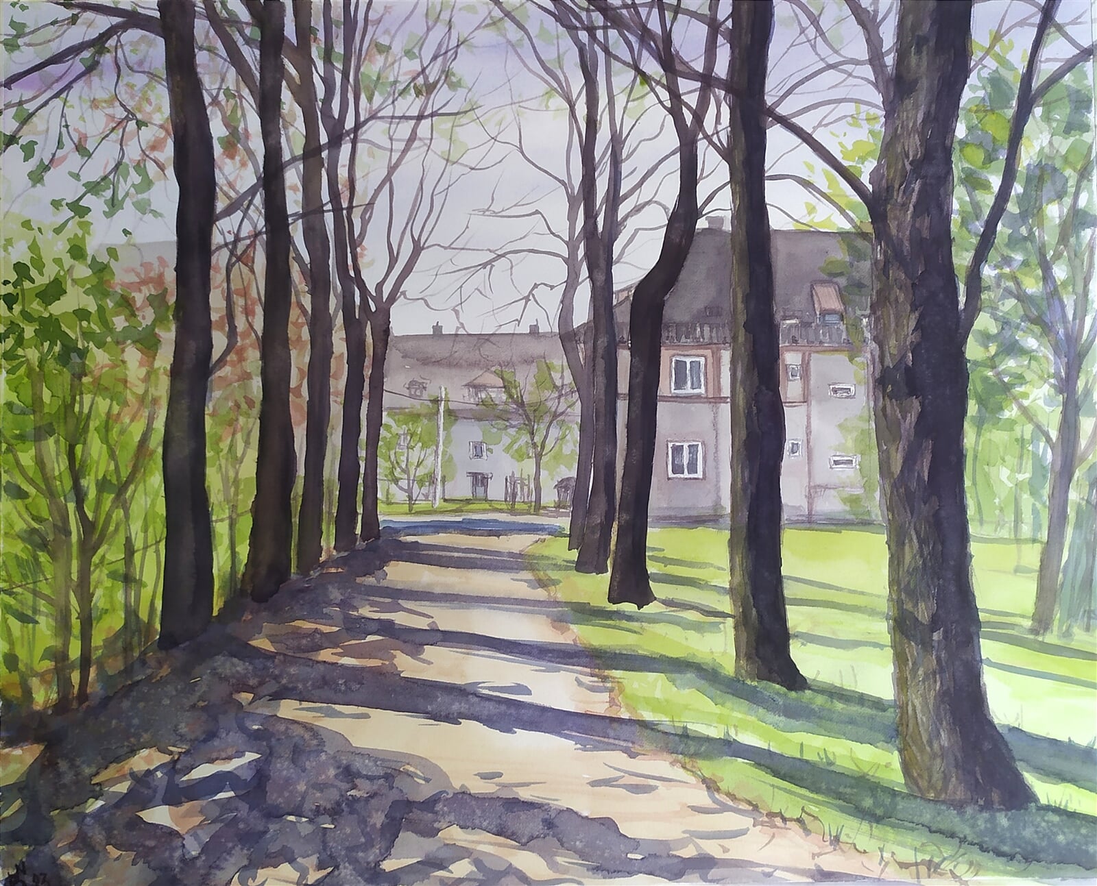 Blažena Niemcová : Třinec, staré domy u hřbitova, 40 × 50 cm