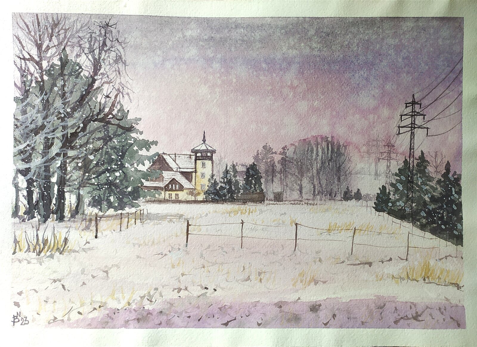 Blažena Niemcová: Dům s pečovatelskou službou, Bystřice, 30 × 40 cm