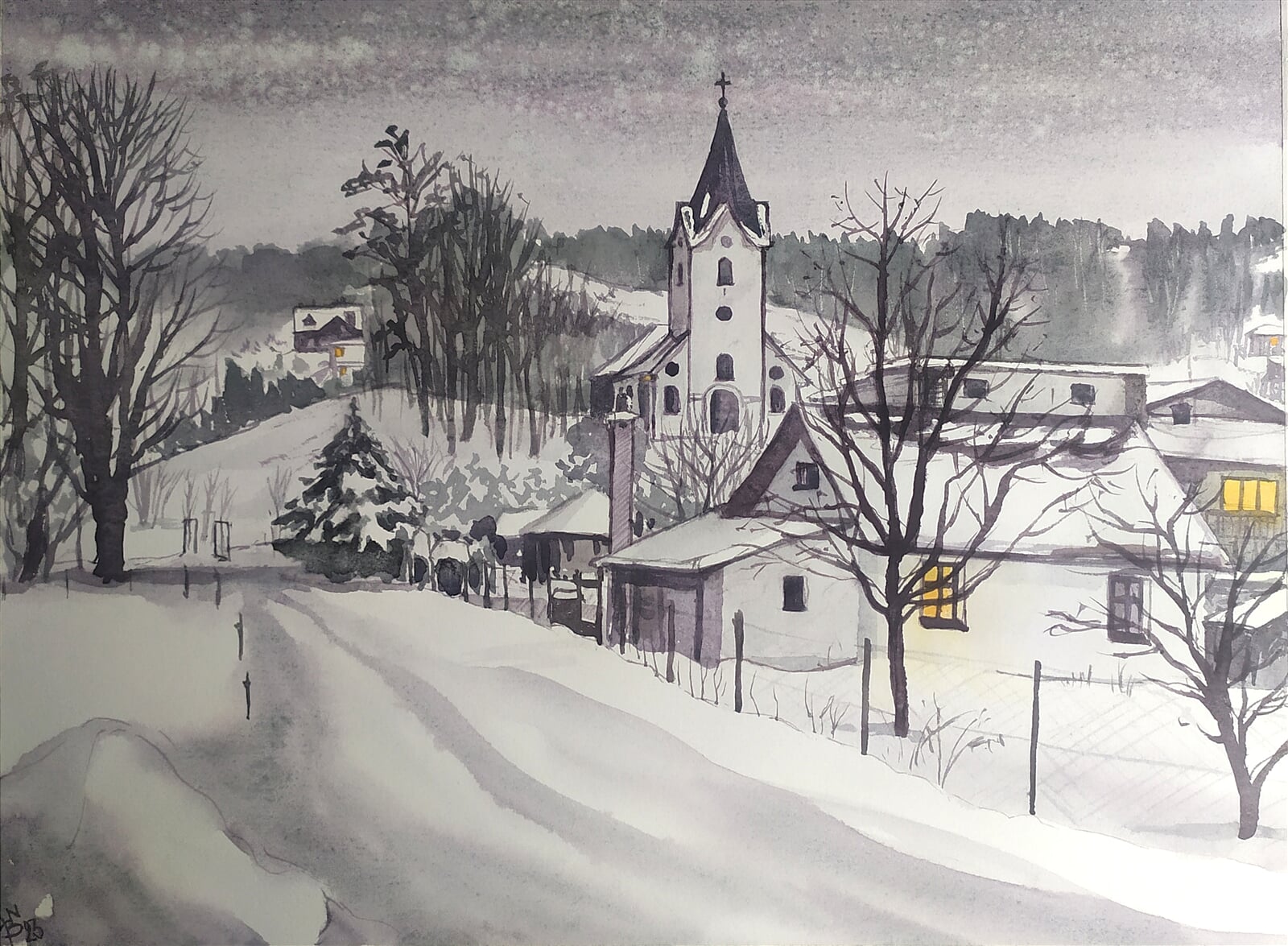 Blažena Niemcová: Evangelický kostelík v Hrádku, 30 × 40 cm