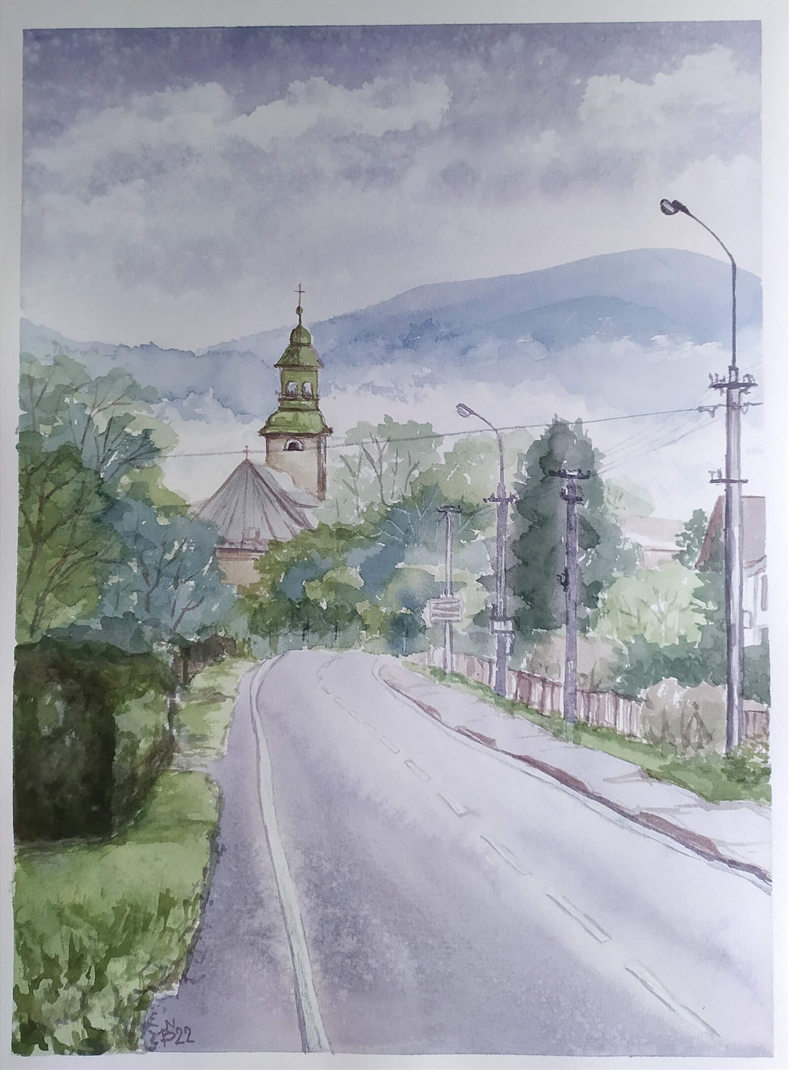 Blažena Niemcová: Evangelický kostel v Bystřici, 40 × 30 cm