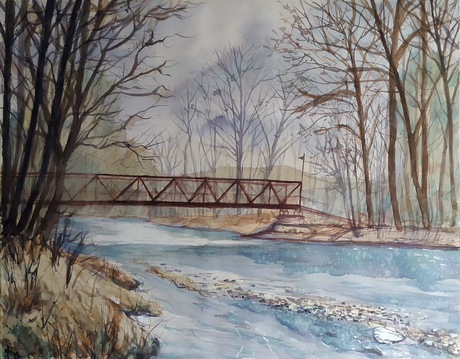 Blažena Niemcová : Bystřice, most přes Olzu, 40 × 50 cm
