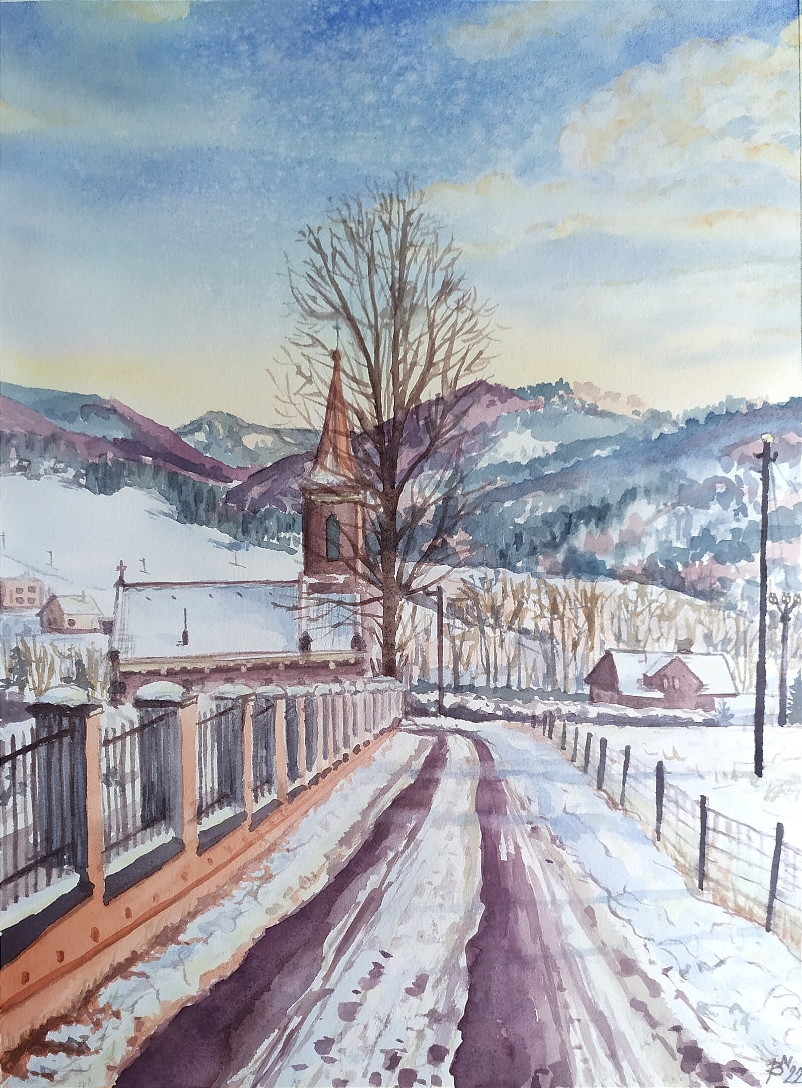 Blažena Niemcová : Kaple v Nýdku, zimní, 40 × 30 cm