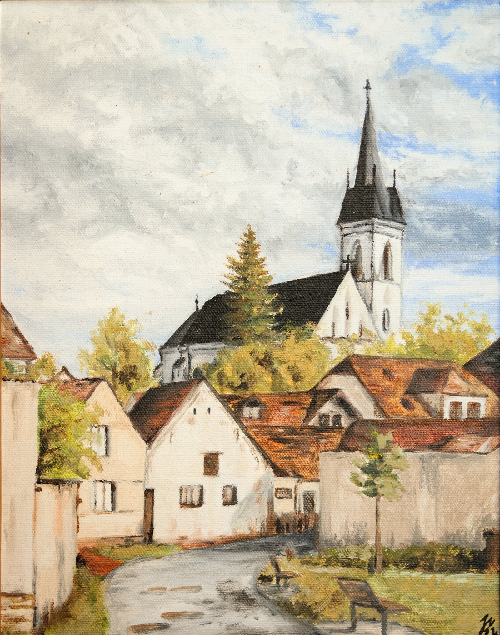 Jakub Neumann: Sv. Jakub Starší ve Stodůlkách - pohled z návsi, 30 × 24 cm