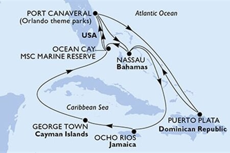 MSC SEASHORE - USA, Bahamy, Jamajka, Kajmanské o., Dominikán.rep. (z Port Canaveralu)