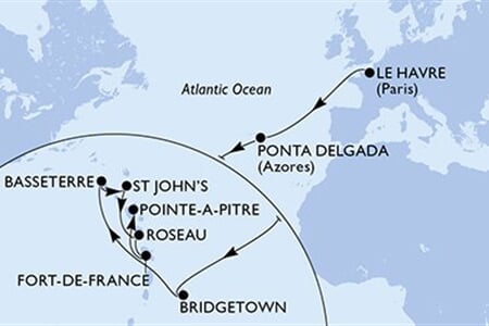 MSC Virtuosa - Francie, Portugalsko, Barbados, Sv.Kryštof a Nevis, Antigua a Barbuda, ... (Le Havre)