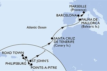 MSC SEAVIEW - Guadeloupe, Holland Antillák, Brit Virgin-szigetek, Antigua és Barbuda, Spanyolország, ... (a Pointe-a-Pitre-ből)