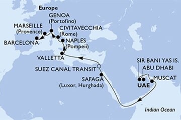 MSC WORLD EUROPA - Egyesült Arab Emirátusok, Omán, Egyiptom, Málta, Olaszország, ... (az Abu-Dzabi-ből)