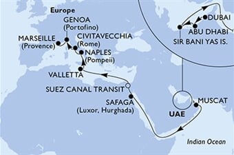 MSC World Europa - Arabské emiráty, Omán, Egypt, Malta, Itálie, ... (z Dubaje)