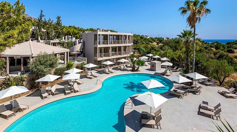 Hotel White Olive Premium Lindos: fotografie vybavení exteriérů a interiérů ubytování.