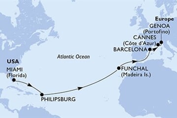 MSC GRANDIOSA - Amerikai Egyesült Államok, Holland Antillák, Portúgalia, Spanyolország, Franciaország, ... (a Miami-ből)