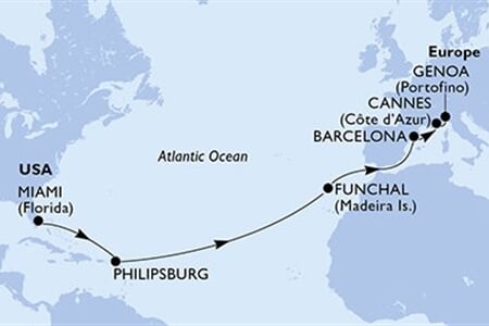 MSC GRANDIOSA - USA, Nizozemské Antily, Portugalsko, Španělsko, Francie, ... (z Miami)