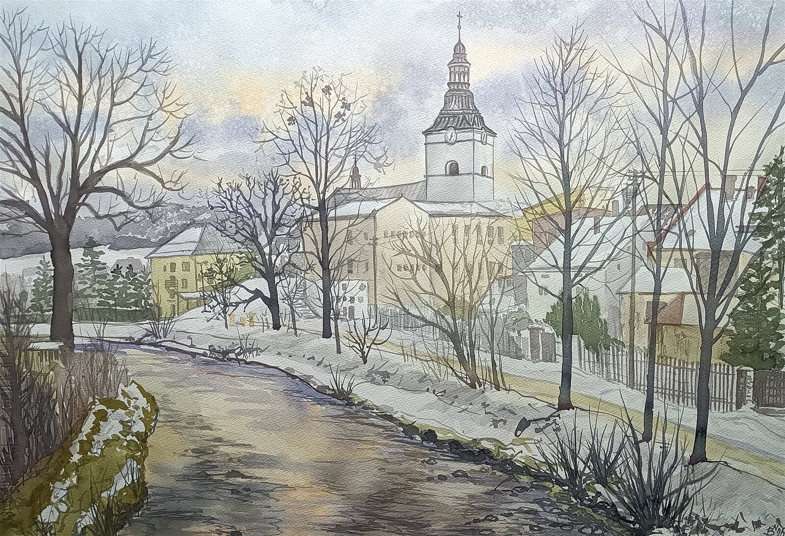 Blažena Niemcová: Jablunkov a říčka Lomná, 50 × 70 cm