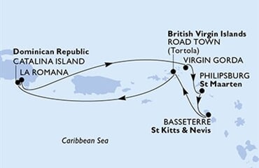 MSC Opera - Dominikán.rep., Panenské o. (britské), Nizozemské Antily, Sv.Kryštof a Nevis (z La Romana)