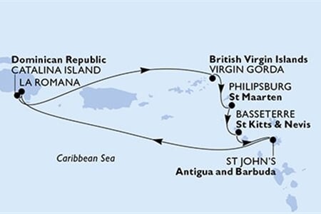 MSC Opera - Dominikán.rep., Panenské o. (britské), Nizozemské Antily, Sv.Kryštof a Nevis, Antigua a Barbuda (z La Romana)
