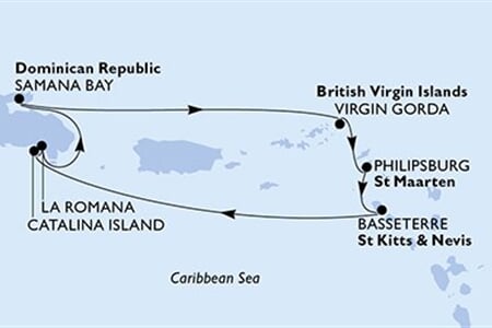 MSC OPERA - Dominikán.rep., Panenské o. (britské), Nizozemské Antily, Sv.Kryštof a Nevis (z La Romana)