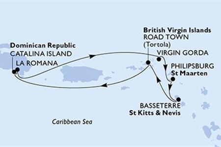 MSC OPERA - Dominikán.rep., Panenské o. (britské), Nizozemské Antily, Sv.Kryštof a Nevis (z La Romana)
