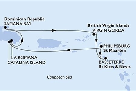 MSC OPERA - Dominikán.rep., Panenské o. (britské), Sv.Kryštof a Nevis, Nizozemské Antily (z La Romana)